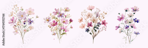 Set of wild romantic flowers. Watercolor composition with field and meadow pink comfrey flowers. Floral field and meadow flowers. Romantic wedding floral clipart.
