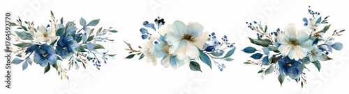Watercolor set of blue floral arrangements. Frames with blue and white flowers with leaves. Romantic flowers for wedding invitation designs. Vintage hand drawn flowers. Vector illustration.