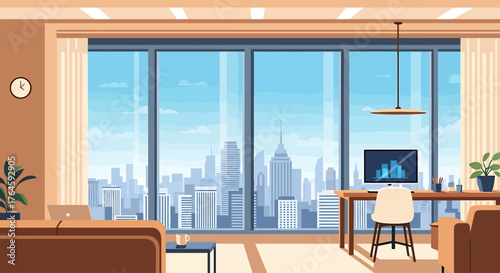 Hybrid Work & Digital Nomad Modern Office Interior with City View & Flexible Workspace