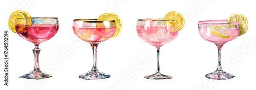 Watercolor set of glasses with pink cocktails decorated with a lime slice. Whimsical cocktails in glasses. Romantic pink alcoholic drinks in retro style. Vintage bar elements.