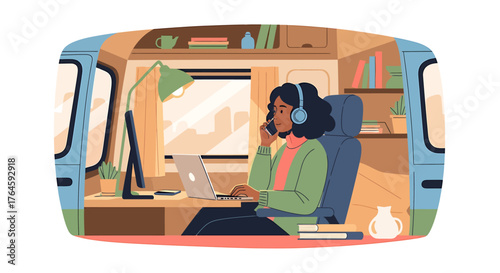 Seamless productivity on the move A creative woman embodies Hybrid Work as a thriving Digital Nomad in her custom van