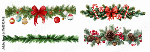 Watercolor Christmas garland set watercolor. Christmas garlands of green Christmas tree branches decorated with a red bow, Christmas balls, holly berries and Christmas candies. 
