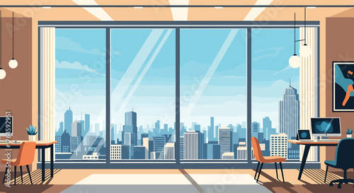 Hybrid Work & Digital Nomad Concept Panoramic City Office View from Modern Workplace