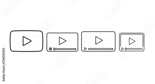 Collection of play buttons and video player interfaces with progress bars for digital media vector