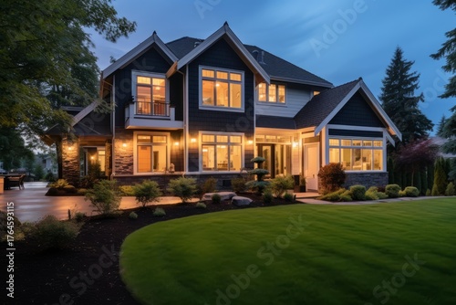 Luxury house exterior glowing at twilight with nicely manicured lawn and landscaping