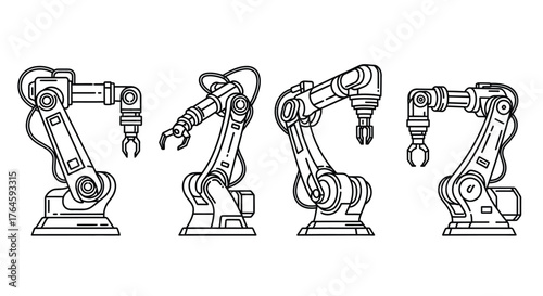Industrial robotic arms detailed line drawings showing automation technology and precision engineering vector