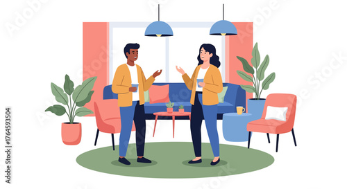 Hybrid Work & Digital Nomad Colleagues Chatting in Cozy Home Office Environment