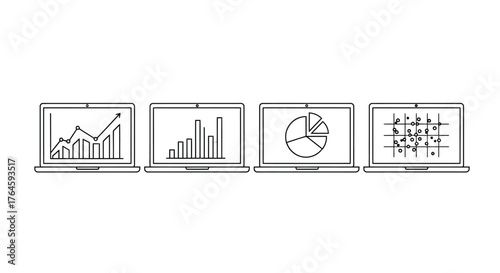 Four laptops displaying diverse business charts and graphs for financial analysis vector