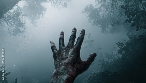 A bloody hand reaching up into a foggy forest