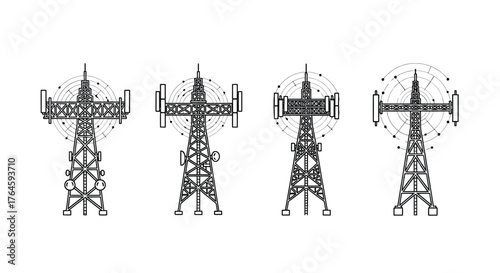 Four detailed power transmission towers showing industrial infrastructure and energy distribution designs vector