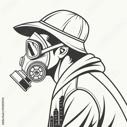 Man wearing gas mask and baseball cap stylish hoody urban fashion concept art isolated on transparent background