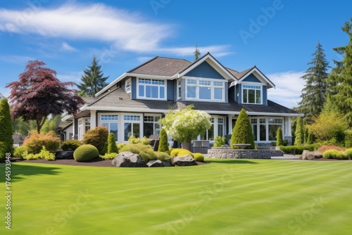 Luxury house with perfectly manicured lawn and garden on a sunny day