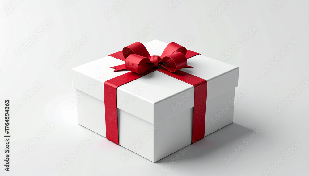 Obraz premium A pristine white gift box adorned with a vibrant red ribbon and bow, presented against a clean, minimalist white background