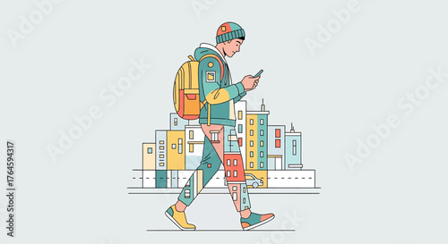 Hybrid Work & Digital Nomad Man on the Move in a Digital Urban Landscape