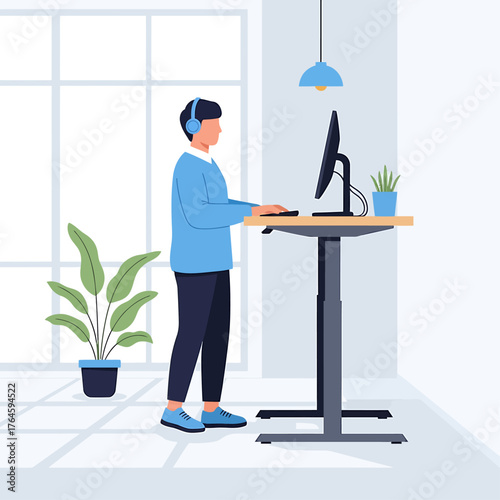 A professional employee at an ergonomic standing desk embraces the Hybrid Work & Digital Nomad lifestyle