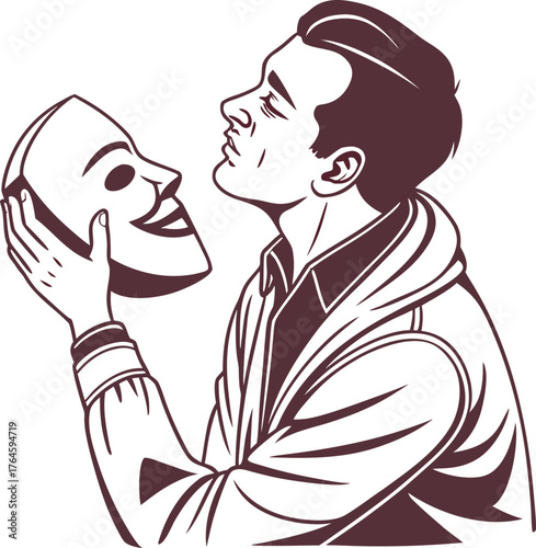 Man holding mask personifies deception identity reveal inner conflict isolated on transparent background