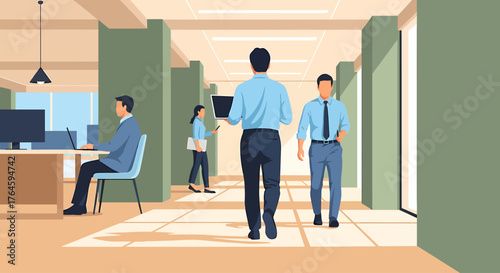 Office Corridor Scene Illustrating Hybrid Work & Digital Nomad Lifestyles with Colleagues