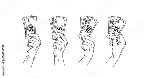 Four stylized line art hands holding us dollar bills in a sequence suggesting financial transactions vector