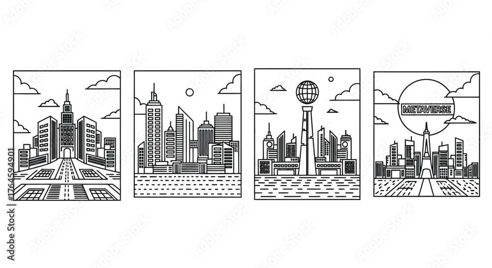 Obraz premium Four hand drawn cityscape panels showcasing modern architecture and urban skylines vector