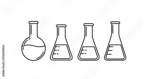 Laboratory glassware four flasks including round bottom and erlenmeyer scientific equipment line art vector