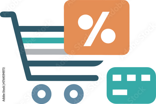 Shopping cart with percentage sign and credit card representing discounts and online shopping deals