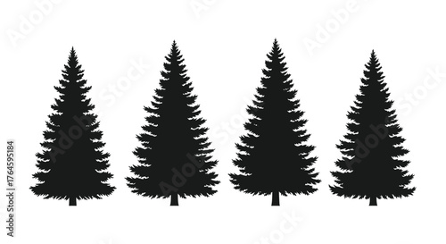 Four Silhouettes of Pine Trees Standing Tall in a Row, Representing Nature and Forests