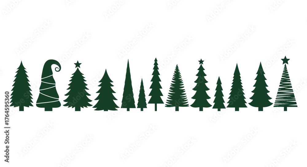 Obraz premium Collection of diverse Christmas trees in varying styles and sizes, evoking festive holiday cheer and winter wonder