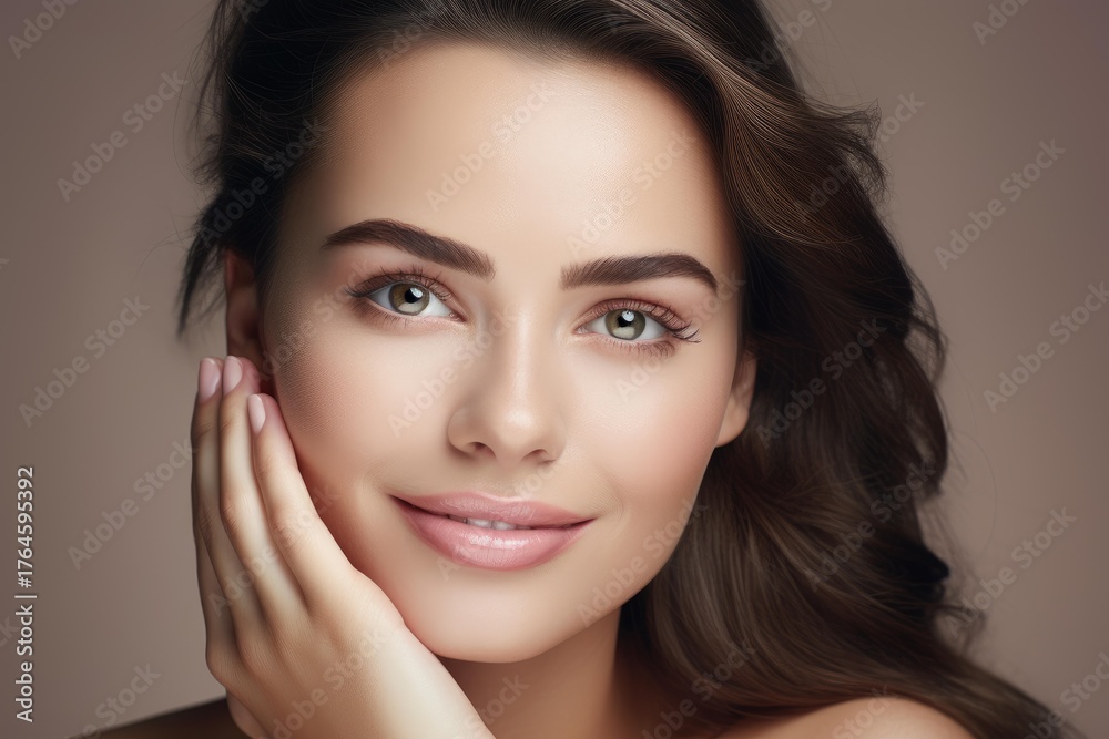 Obraz premium Beauty portrait of an attractive young woman with perfect skin and professional makeup, touching her face gently