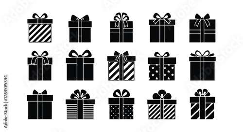 Monochromatic set of silhouette gift boxes, elegantly wrapped with distinct patterns and bows, representing presents for holidays, birthdays, and surprise moments in a versatile graphic collection