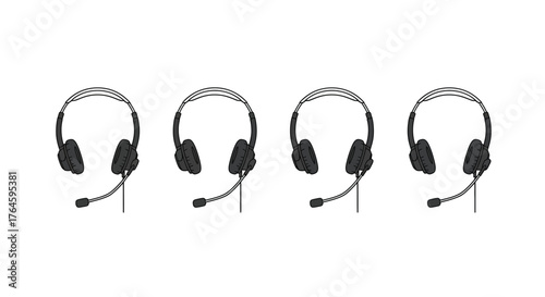 Four black modern over-ear headphones with microphones arranged in a row vector
