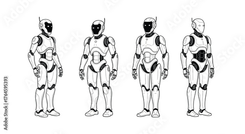 Futuristic robot soldier designs displayed in multiple views for sci-fi concept art and game development vector