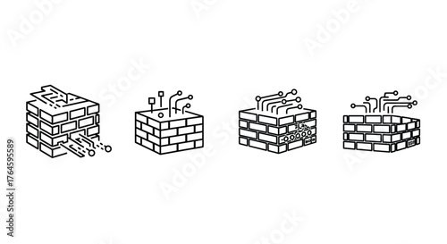 Collection of hand-drawn bricks stacked with paper elements conceptual art vector