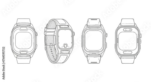 Four digital wristwatches in a row showing different angles and perspectives vector