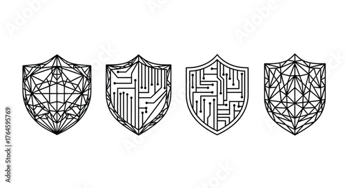 Four intricate shield emblems featuring geometric patterns and circuit board designs symbolizing security vector