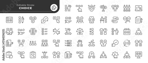 Choice line icon set. Pick, selection, option, checkmark, cross, decision, choose, survey, vote, election, opinion and more. Outline icon in linear style. Vector collection.