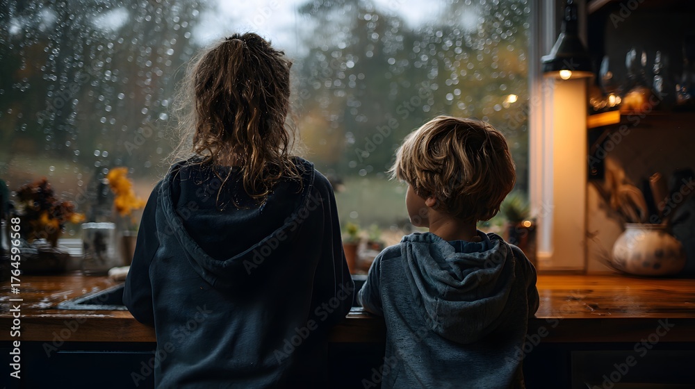 Fototapeta premium Kinder schauen an verregnetem Tag gemeinsam aus dem Fenster 