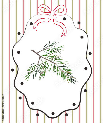New Year's card in retro style Christmas tree in a frame with bow  Vector illustration