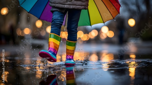 Titel:
Kind mit Regenbogenstiefeln und Regenschirm läuft durch nasse Straße
