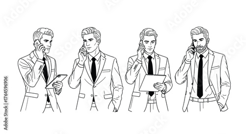 Group of four diverse business people in suits talking on phones and holding documents hand drawn sketch vector