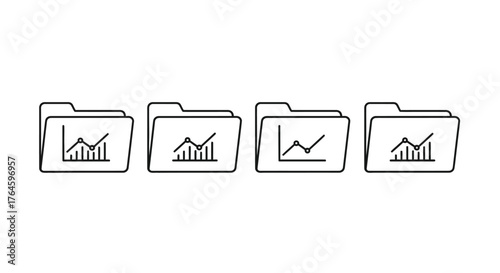 Four hand drawn folders containing simple bar and line graph icons representing data analysis vector