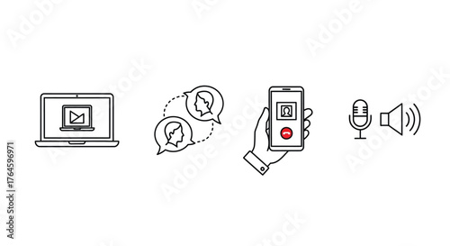 Digital communication technology icons set laptop chatting smartphone microphone speaker vector