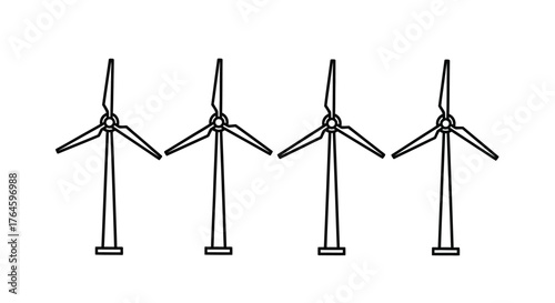 Four renewable energy wind turbines standing tall in a row generating clean power vector