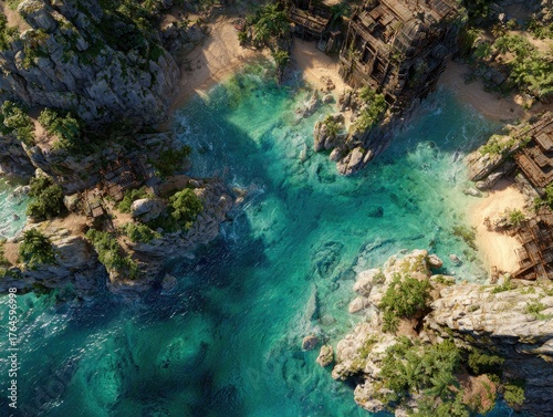 Aerial view of a tropical cove with remnants of a structure