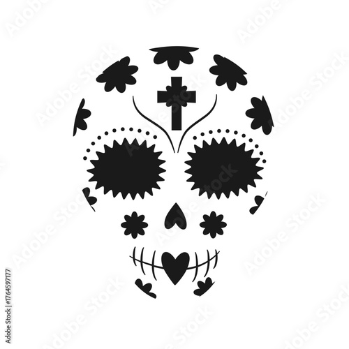 Mexican Sugar Skull with Flowers and Cross Decor Sticker Icon Day of the Dead Minimalist Design idea