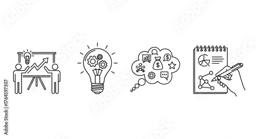Doodle icons representing business growth ideas and creative thinking process concepts vector