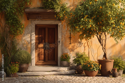 Tuscan Courtyard Entrance With Brass Knocker, Espaliered Lemon And Marigolds, Honey Plaster, Late Sun On Cobbles, Rustic Italy, Garden Doorway
