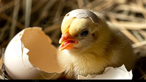 Newly Hatched Chick Emerging From Eggshell in Nest, Close-Up View