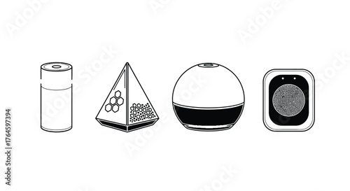 Modern tea infusers and strainers artistic line drawings featuring unique geometric shapes vector