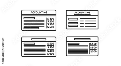Set of four accounting ledger cards showing financial records transactions data vector