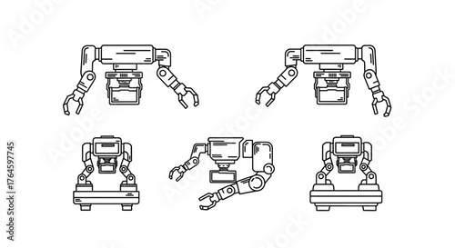 Industrial robot arm set multiple views for engineering and manufacturing design concepts vector